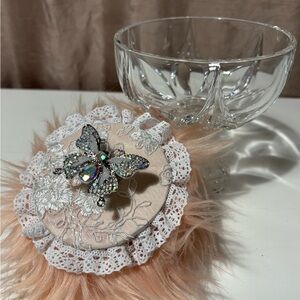 Super Lux Blush Pink Powder Puff In Vtg Crystal Bowl Boudoir Vanity Feminine